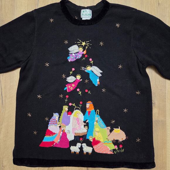 Vtg Quack Factory Nativity Baby Jesus Christmas Holiday Black Sweater 2XL EUC - Picture 1 of 8
